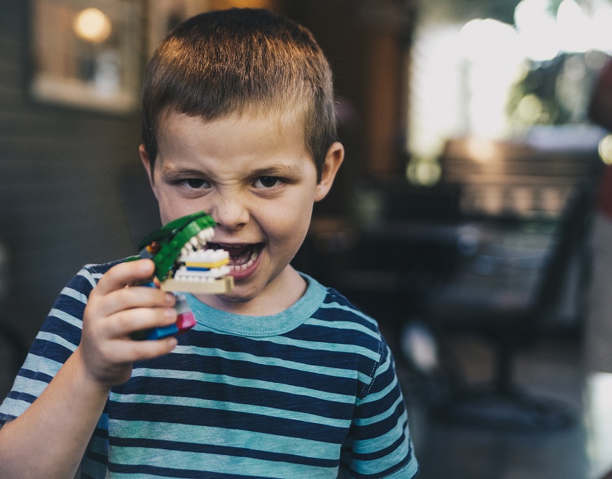 little boy with aligator toy